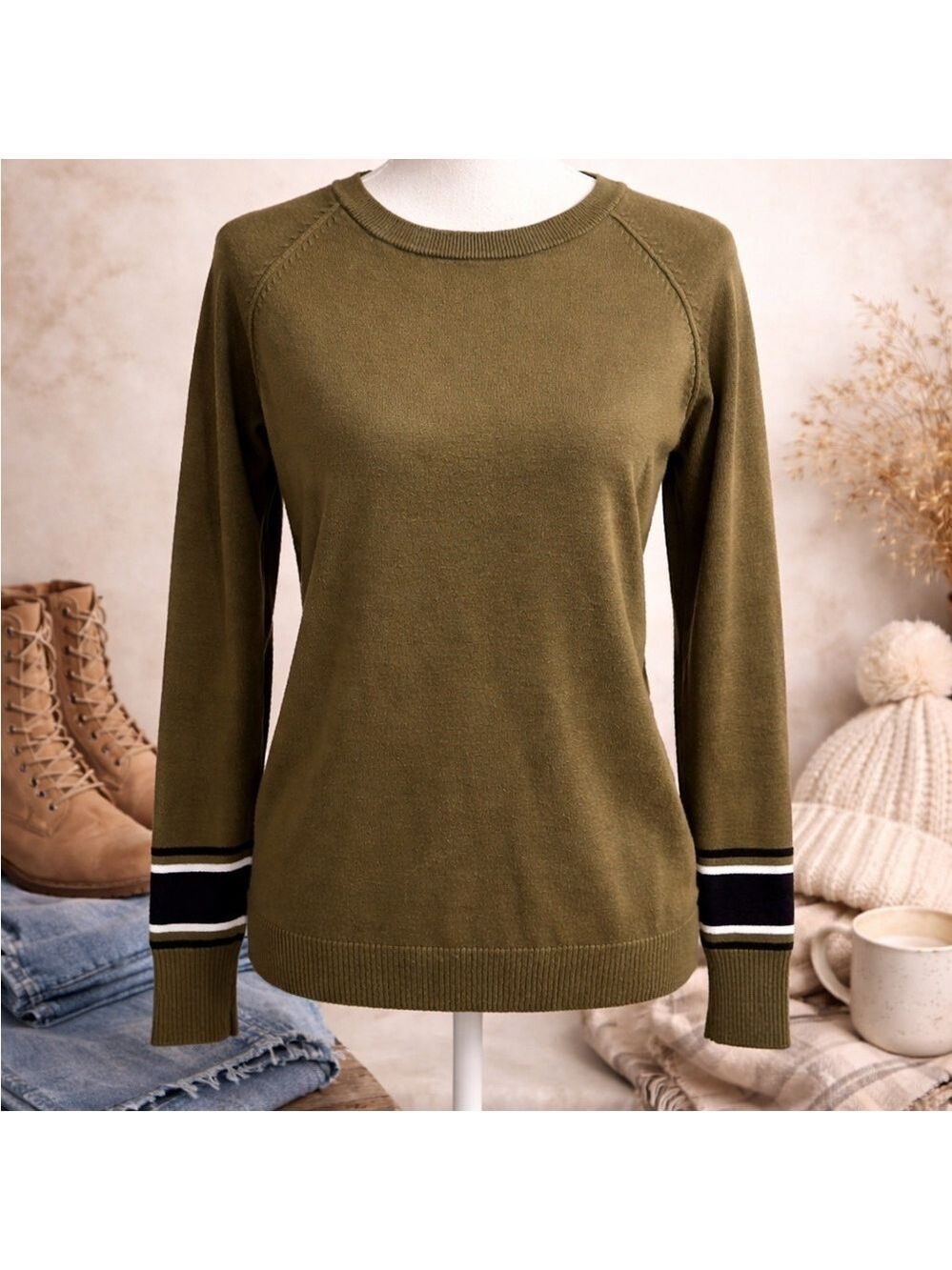Sweater Olive Green Lightweight Knit Striped Cuff Crewneck Casual Cozy Pullover - Picture 8 of 8